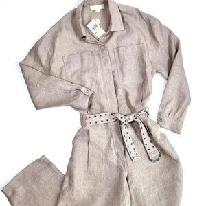 NWT MICHAEL Michael Kors NEW Linen Coveralls Jumpsuit In Light Tan/Hemp Size L
